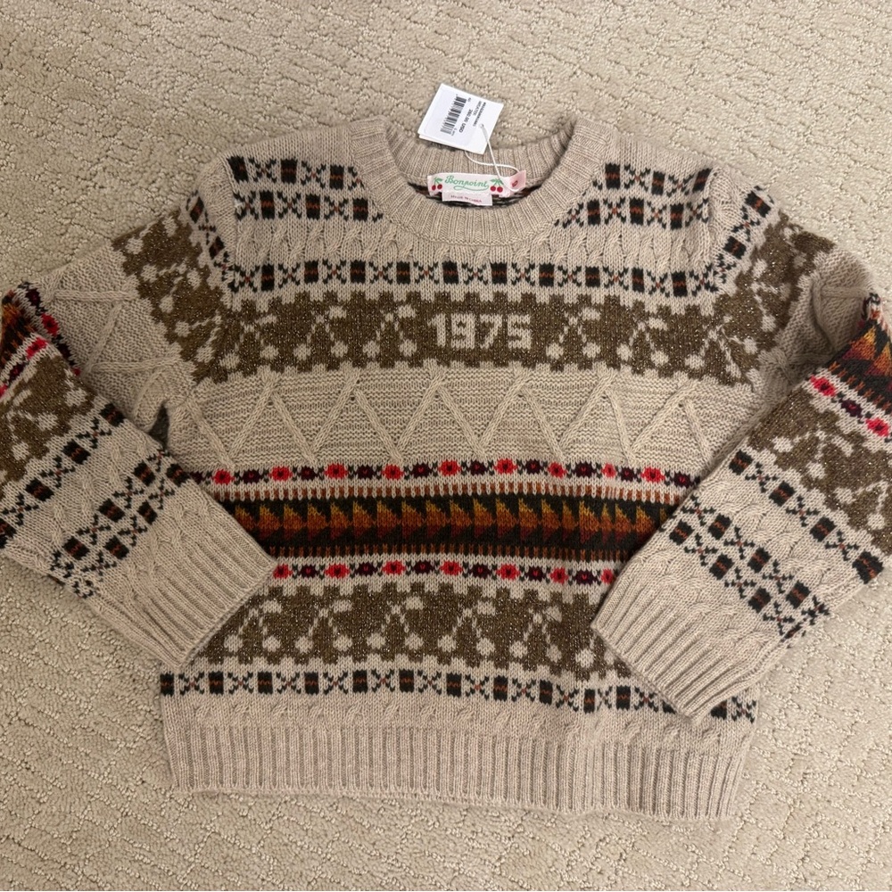Bonpoint Beige Patterned Sweater in size 6 NWT